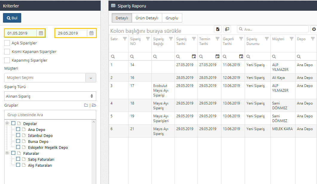 sipariş raporu nasıl alınır
